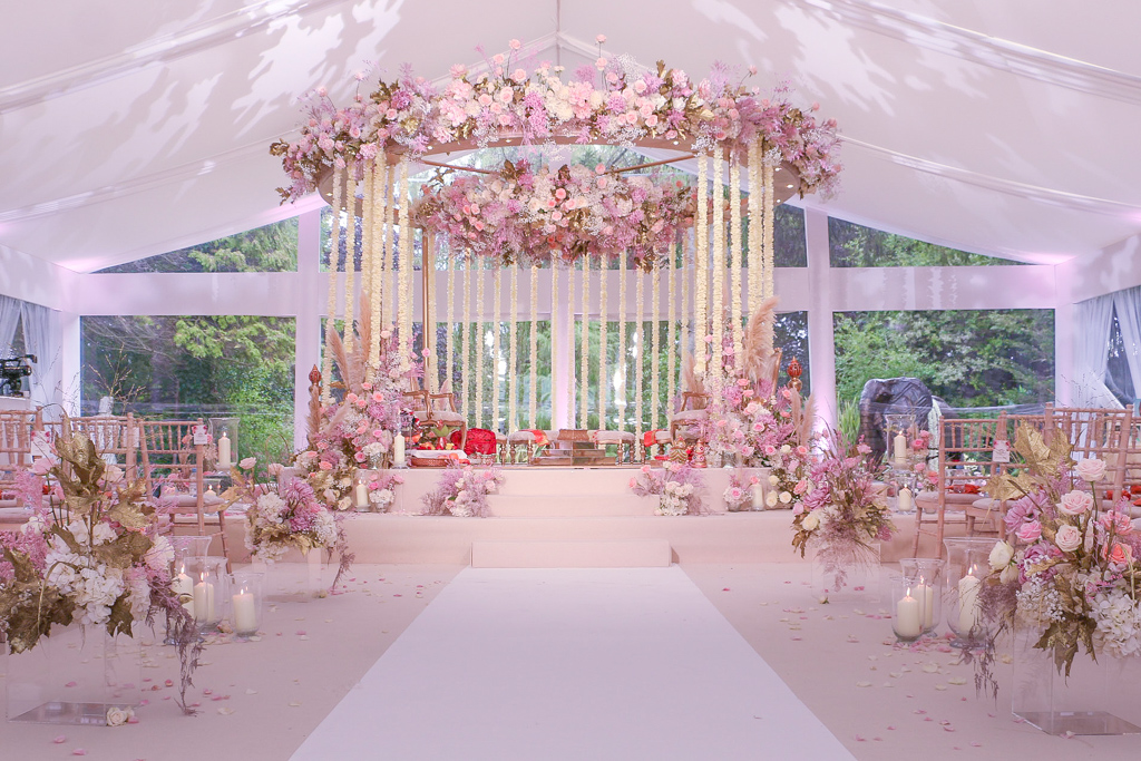 Floral Mandap with a floral Halo and rose petal garlands
